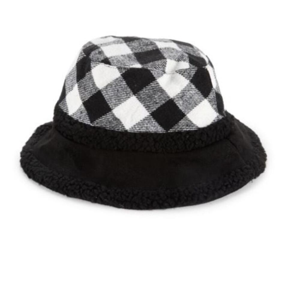 BADGLEY MISCHKA Checked Faux Fur Trim Bucket Hat NWT